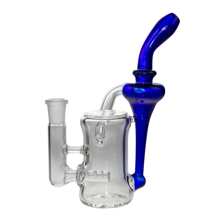 Left side view of a Jack Glass blue recycler. This piece features a fixed downstem and a recycler arm that assists in smooth hits. - Up N Smoke.
