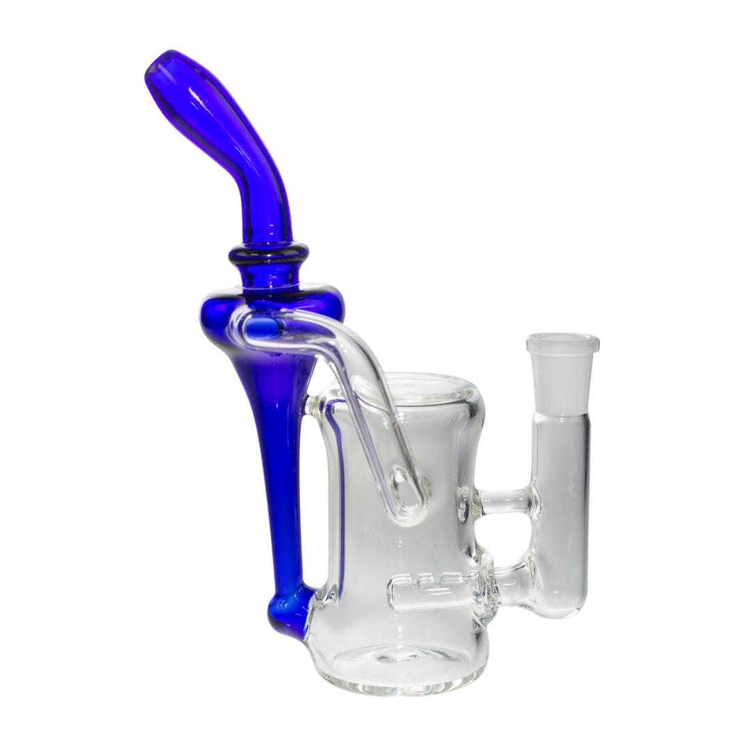 Right side view of a Jack Glass blue recycler. This piece features a fixed downstem and a recycler arm that assists in smooth hits. - Up N Smoke. 