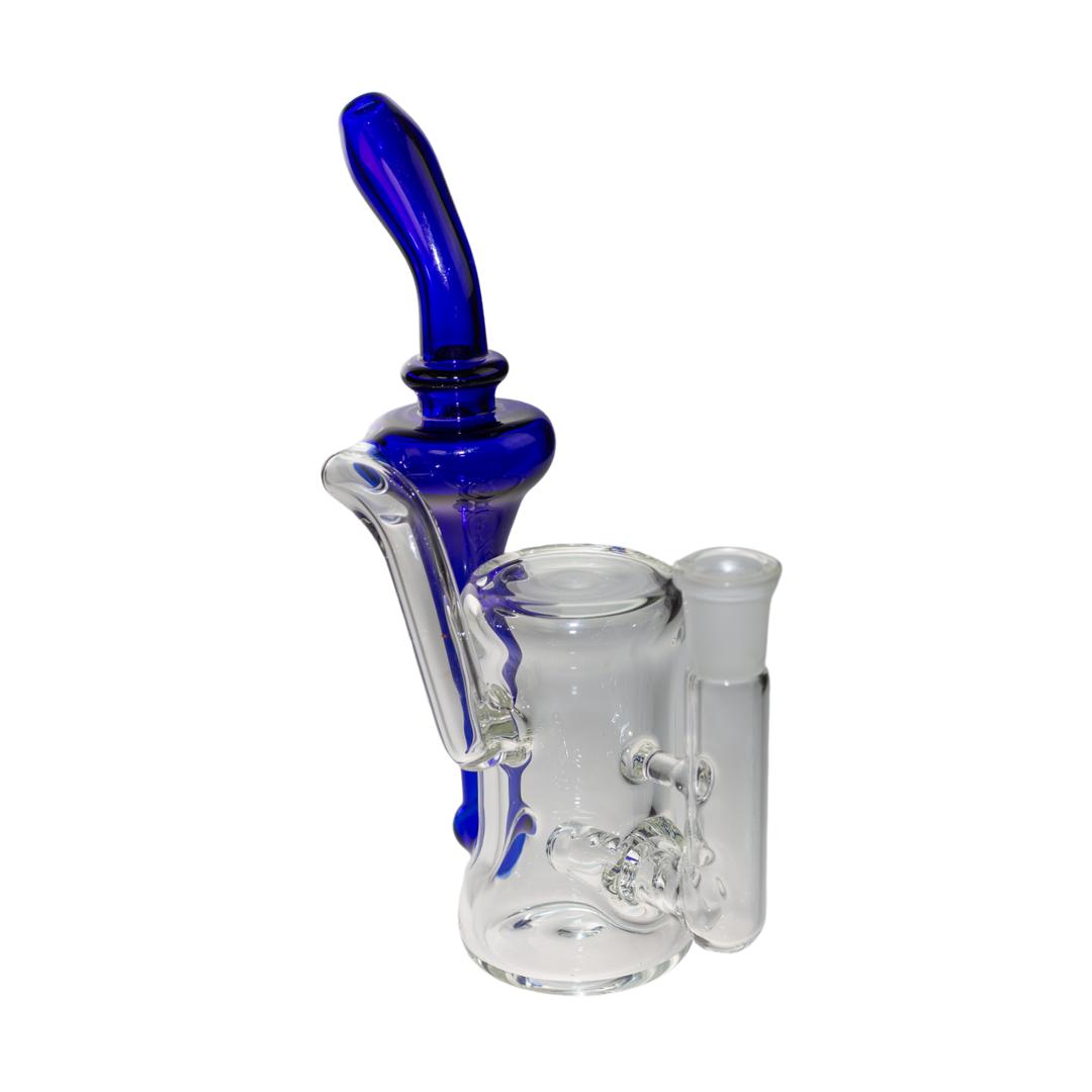 Right side view of a Jack Glass blue recycler. The mouthpiece is connected to a recycler arm that assists air flow for smoother hits. - Up N Smoke.