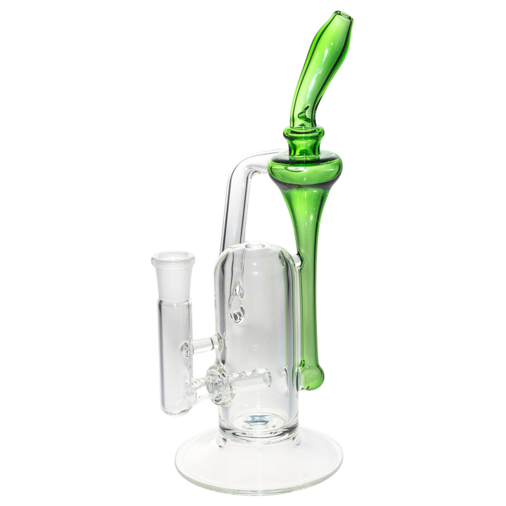 Left side view of a Jack Glass green recycler glass blown piece. - Up N Smoke.