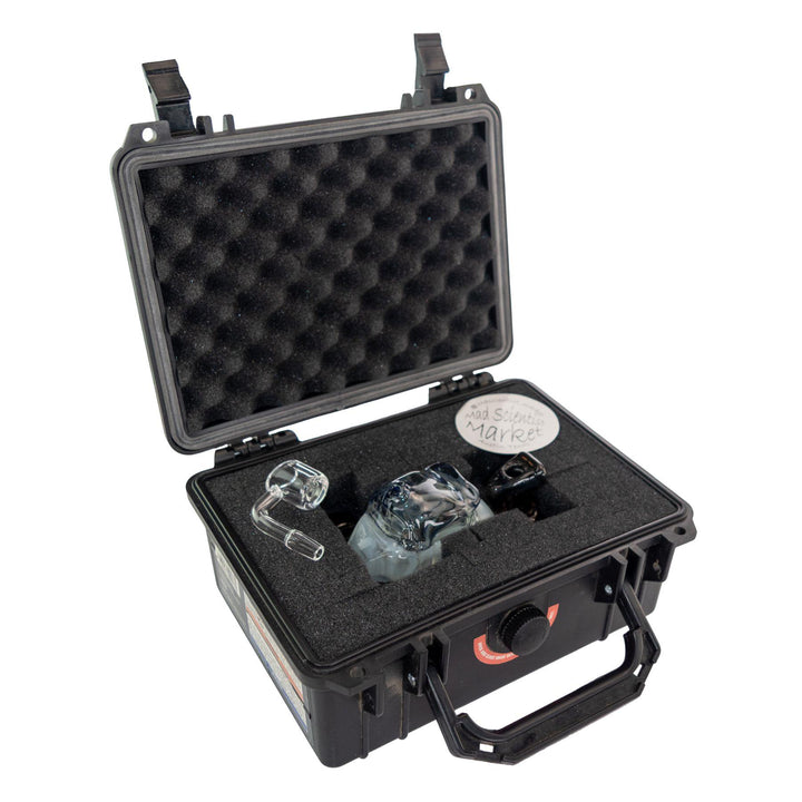 "Black hard-shell case with foam interior containing two clear glass items on a white background," - Up N Smoke.