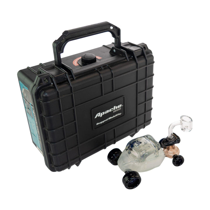 "Black carrying case with Apache branding next to a glass smoking device on a white background," - Up N Smoke.