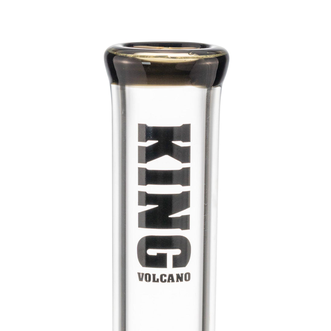 "Close-up view of the black logo and mouthpiece to a King Volcano 50mmx15in Beaker," - Up N Smoke.