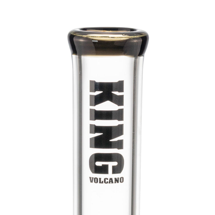 "Close-up view of the black logo and mouthpiece to a King Volcano 50mmx15in Beaker," - Up N Smoke.