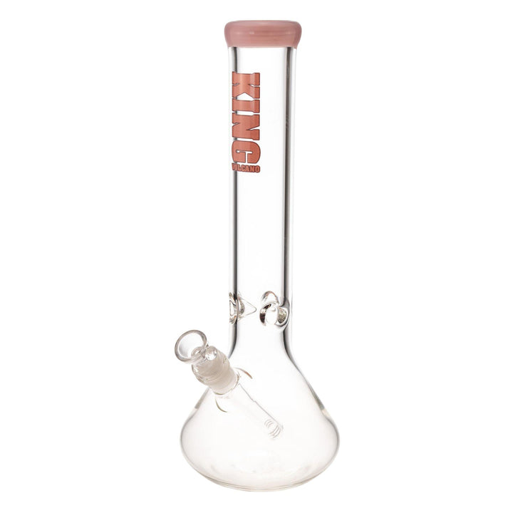 "Pink King Volcano 50mmx15in Beaker that features a diffused downstem and three-prong ice pinch," - Up N Smoke.