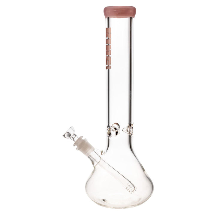 "Left-side view of a pink King Volcano 50mmx15in Beaker on a white background," - Up N Smoke.