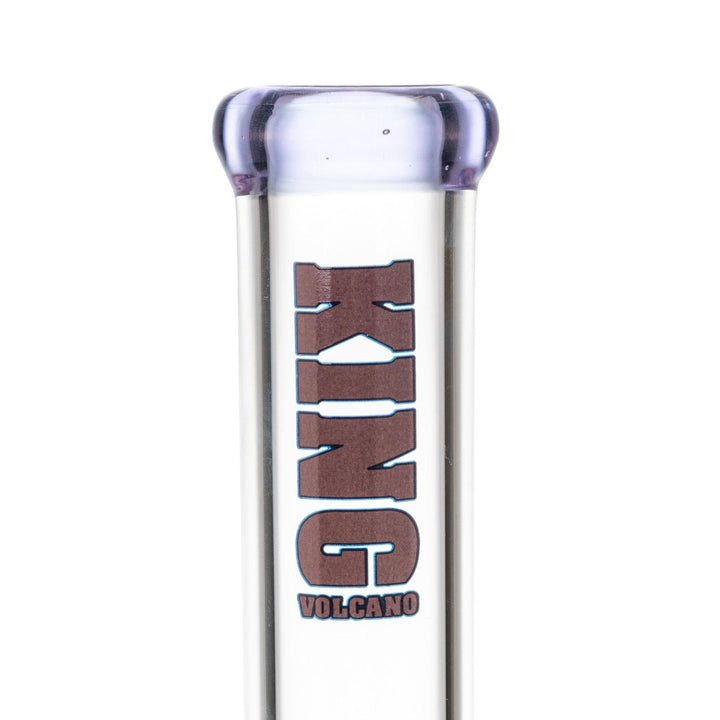 "Close-up view of the logo design and mouthpiece of a purple King Volcano 50mmx15in Beaker," - Up N Smoke.