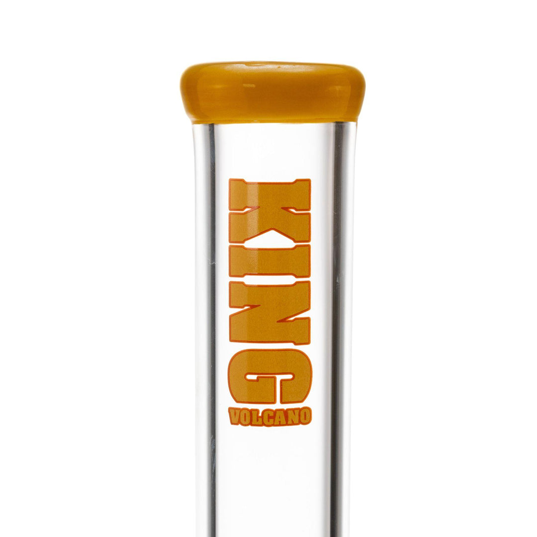 "Close-up view of the yellow logo and mouthpiece on a King Volcano 50mmx15in Beaker on a white background," - Up N Smoke.
