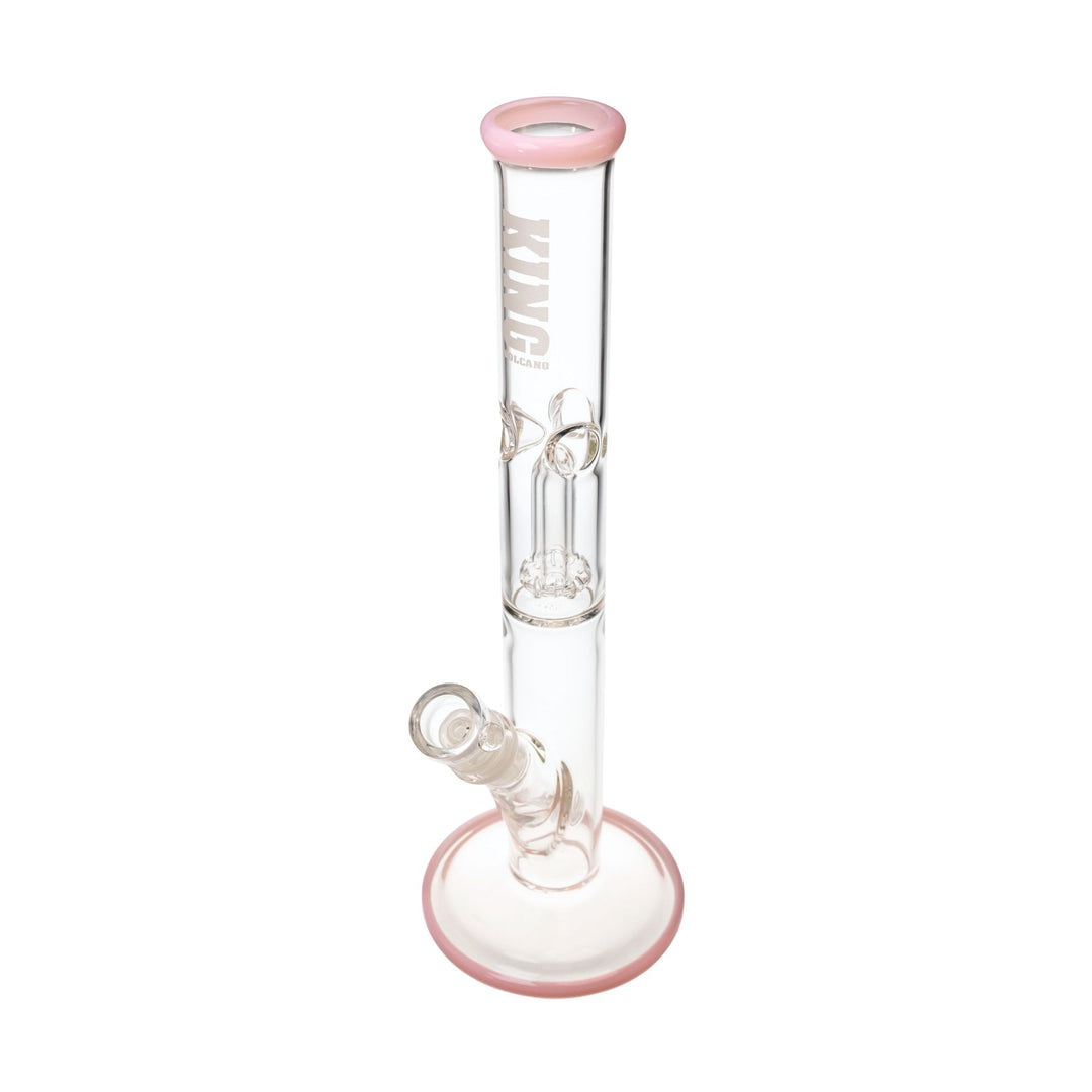 "A clear glass King Volcano 38mmx12'' Flare Slide water pipe with pink accents on a white background," - Up N Smoke.