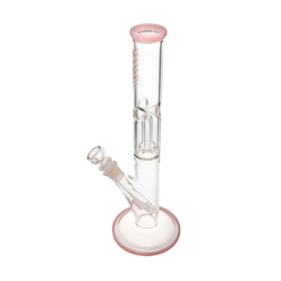 "Left-side of a King Volcano 38mmx12'' water pipe with pink accents on a white background," - Up N Smoke.