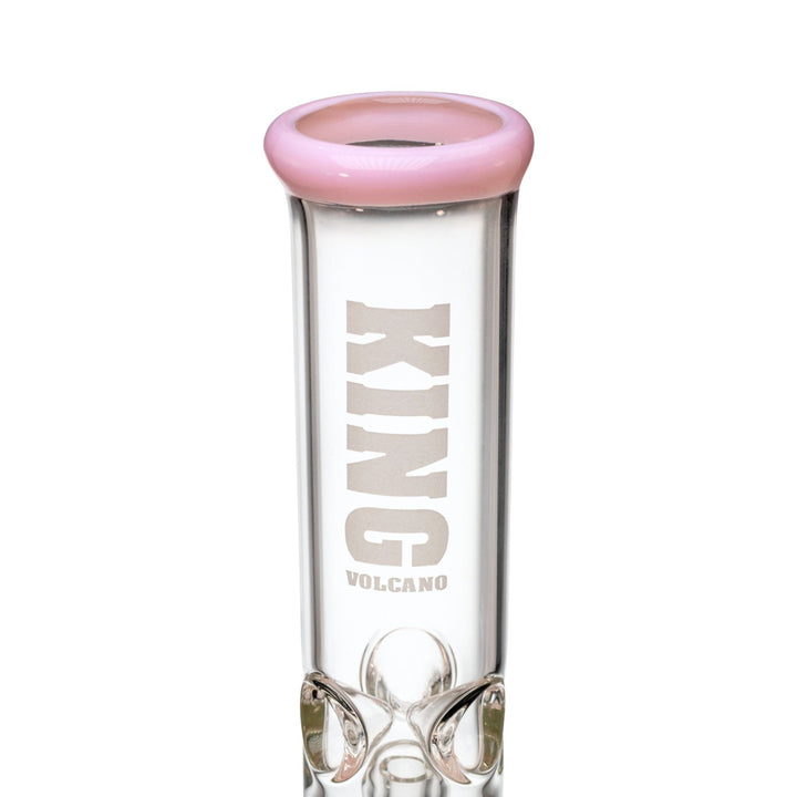"Close-up of the mouthpiece and top chamber of a King Volcano 38mmx12'' Flare water pipe," - Up N Smoke.
