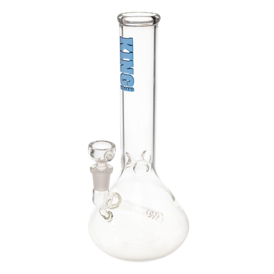 "A clear King Volcano Fixed Inline Beaker standing at 10'' and has a body diameter of 38mm. This piece is adorned with a light blue King Volcano logo near the mouthpiece," - Up N Smoke.