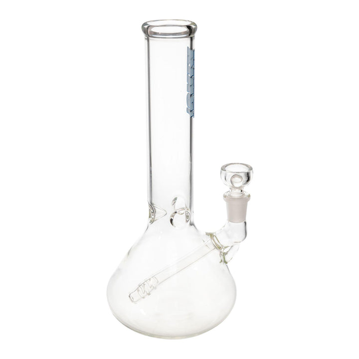 "Right-side of a clear King Volcano Fixed Inline Beaker. This piece comes with a free herb slide with purchase and stands at 10'' tall," - Up N Smoke.