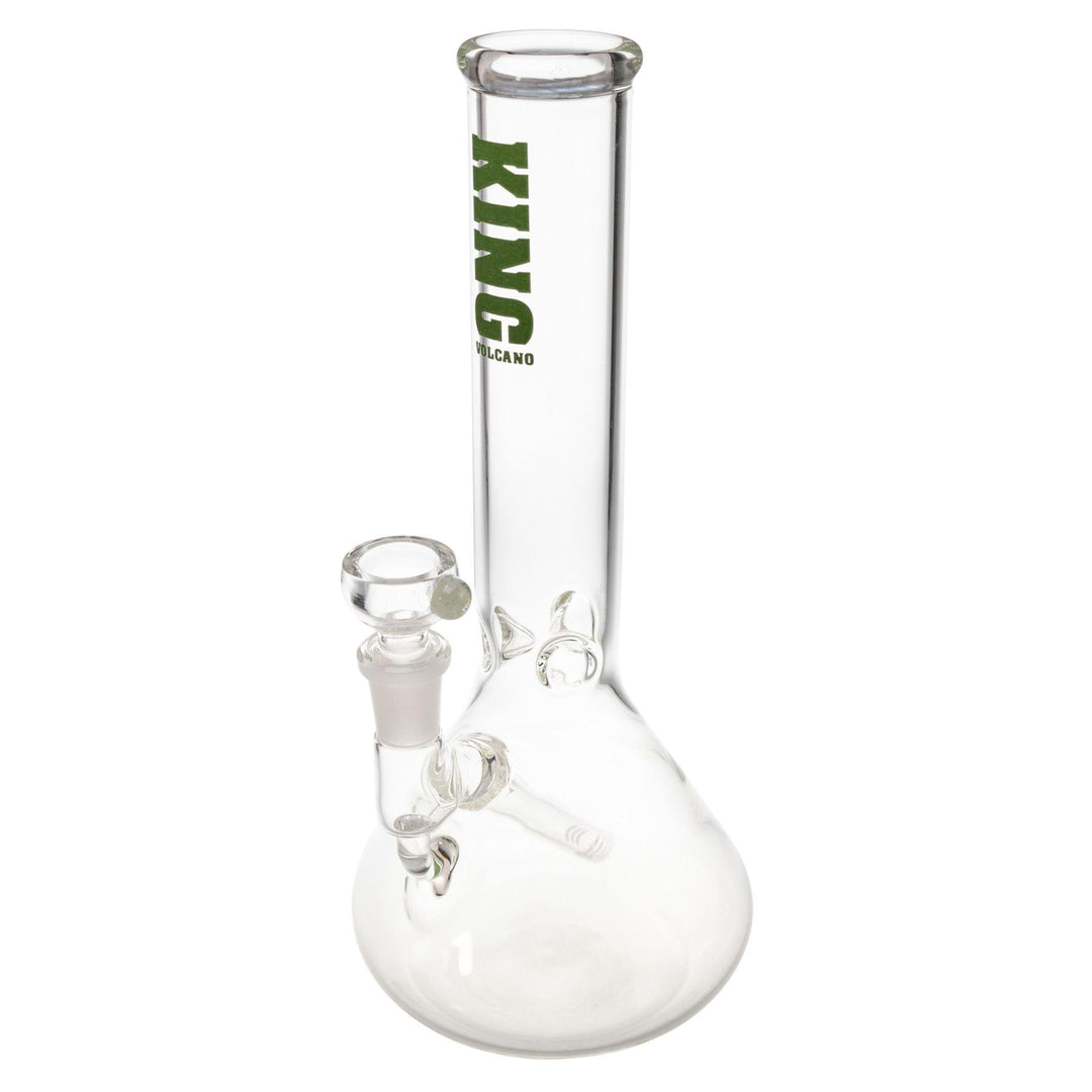 "A clear King Volcano 38mmx10'' Fixed Inline Beaker with a green logo. This piece has a three-prong ice pinch and a diffused downstem," - Up N Smoke.