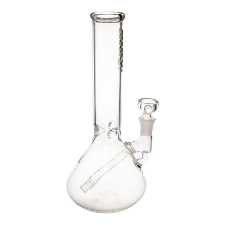"Right-side of a King Volcano 38mmx10'' Fixed Inline Beaker with a green logo near the mouthpiece on a white background," - Up N Smoke.