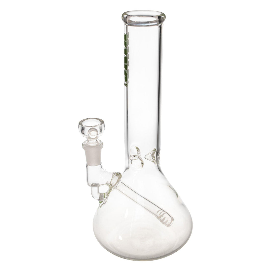 "Left-side of a King Volcano Fixed Inline Beaker that features a three-prong ice pinch and a diffused downstem," - Up N Smoke.