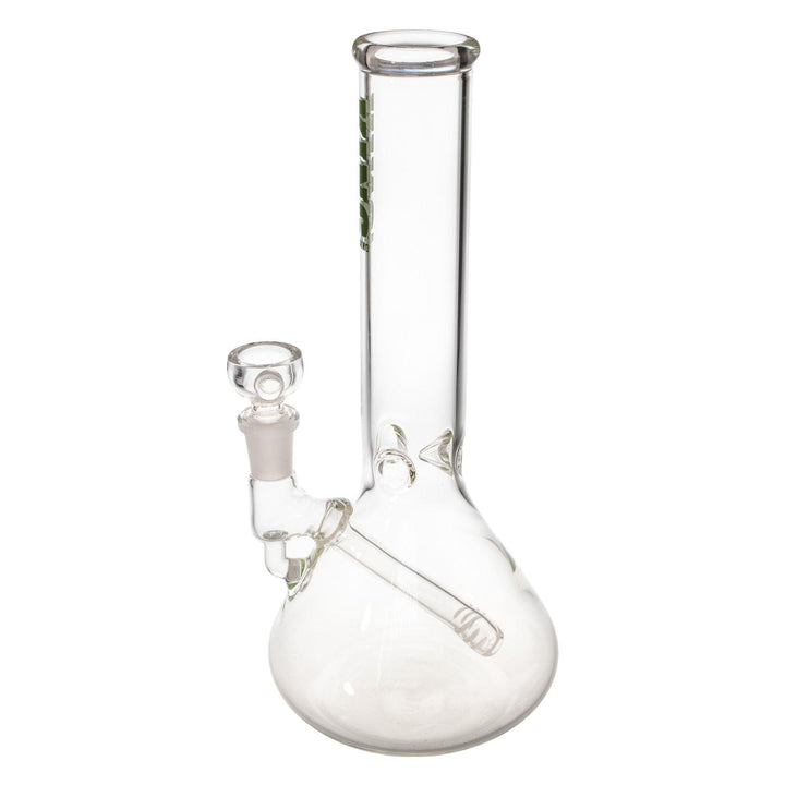 "Left-side of a King Volcano Fixed Inline Beaker that features a three-prong ice pinch and a diffused downstem," - Up N Smoke.