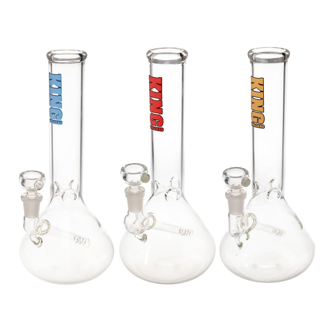 "Three King Volcano 38mmx10'' Fixed Inline Beakers in the logo colors blue, red, and gold," - Up N Smoke.