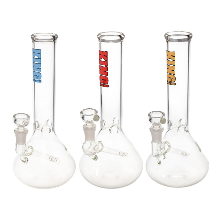 "Three King Volcano 38mmx10'' Fixed Inline Beakers in the logo colors blue, red, and gold," - Up N Smoke.