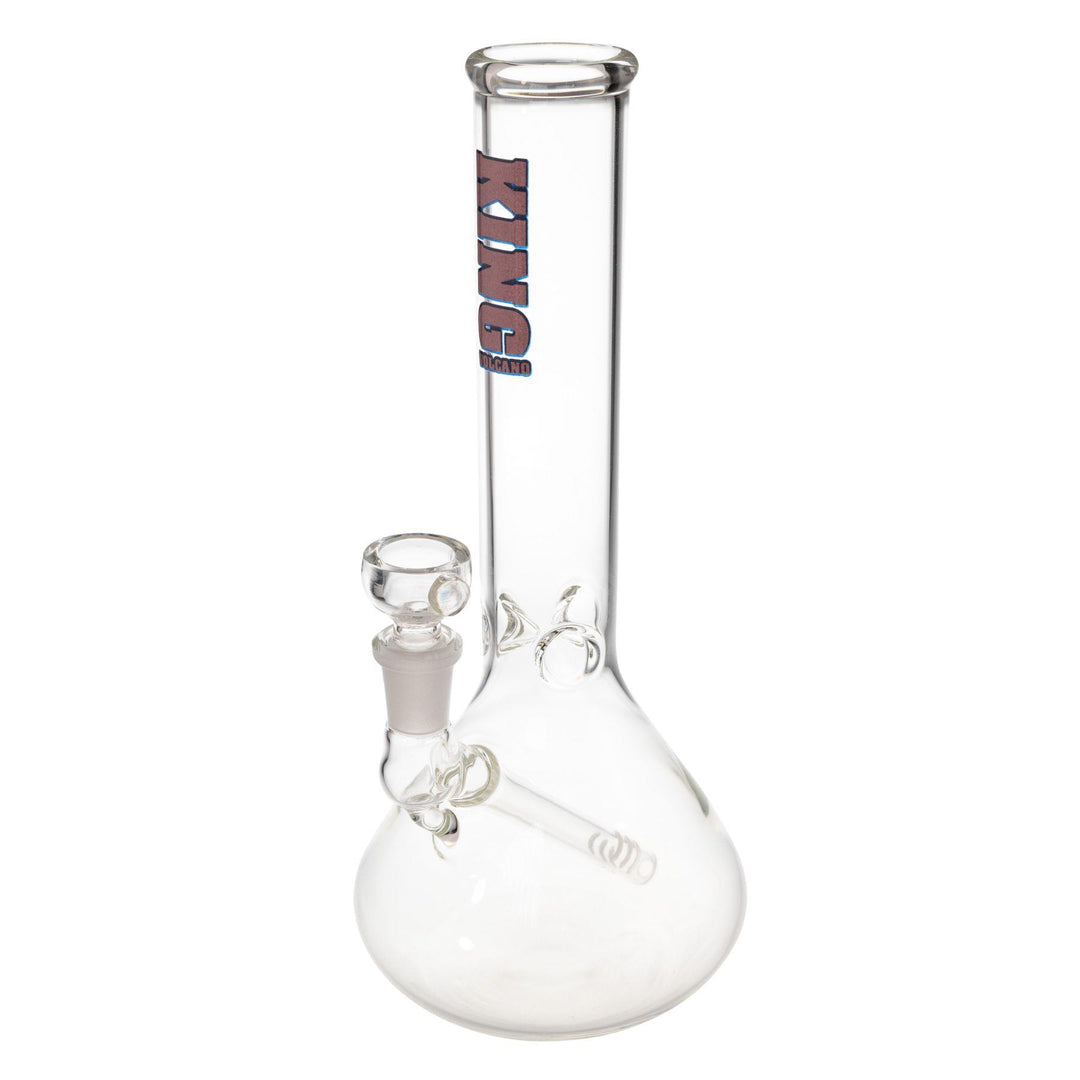 "A clear glass beaker made by King Volcano that features a diffused downstem and a three-prong ice pinch," - Up N Smoke.