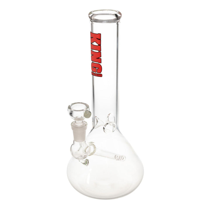 "A clear King Volcano 38mmx10'' Fixed Inline water pipe with a red logo near the mouthpiece. Each King Volcano piece comes with a free herb slide," - Up N Smoke.