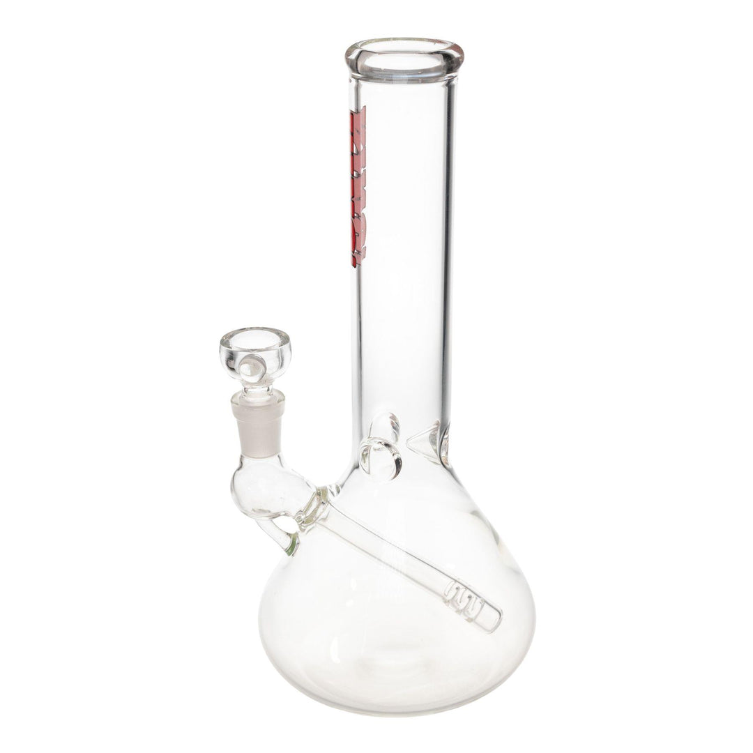 "Left-side of a clear King Volcano 38mmx10'' Fixed Inline Beaker with a red logo near the mouthpiece on a white background," - Up N Smoke.