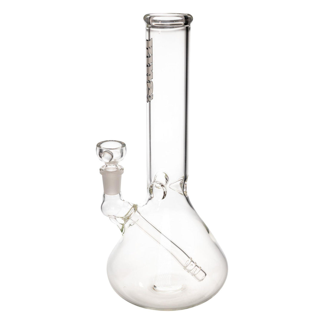 "Left-side of a King Volcano 38mmx10'' Fixed Inline water pipe on a white background. This piece features a three-prong ice pinch and a diffused downstem," - Up N Smoke.