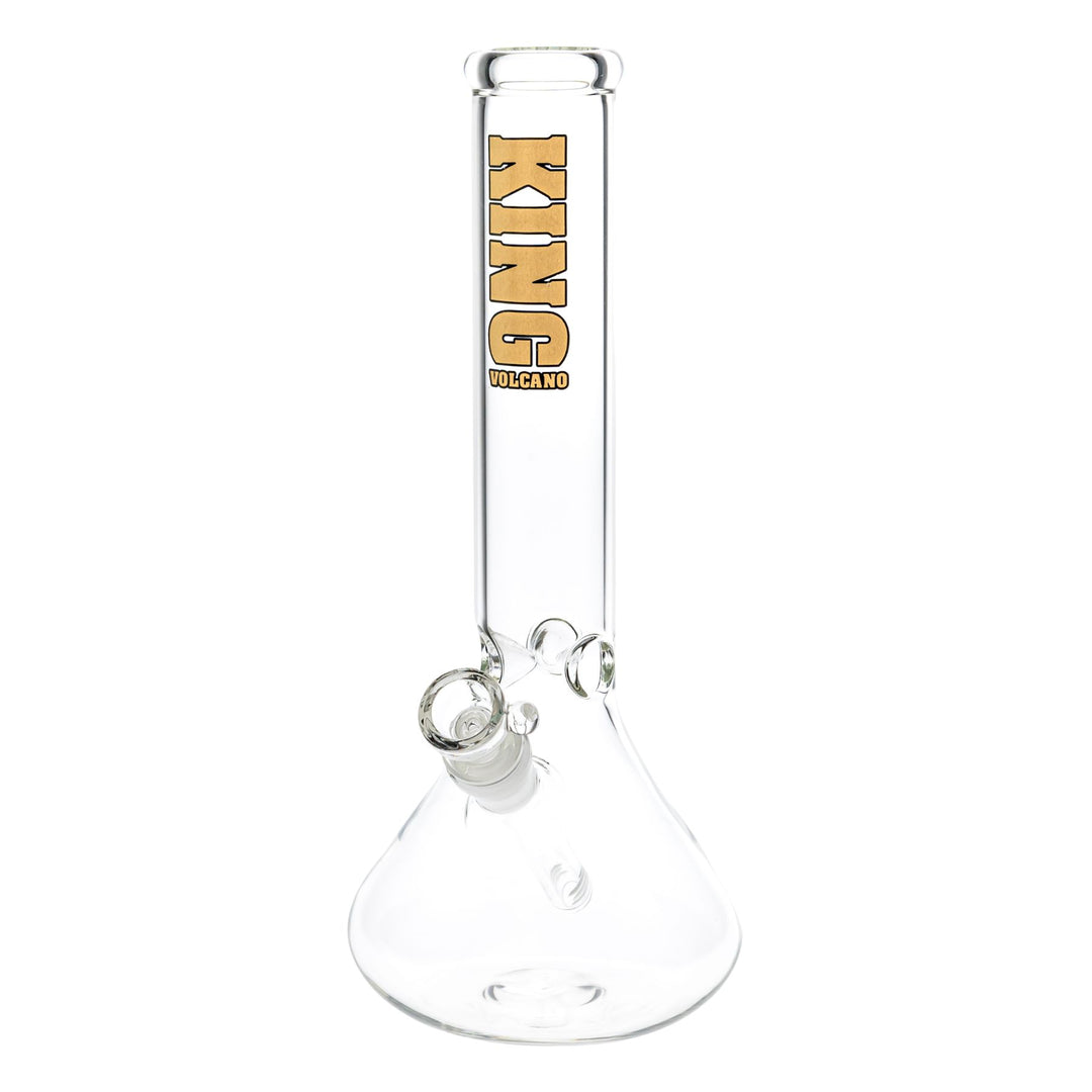 "Slightly angled front view of a clear glass King Volcano 44mmx12'' Beaker with a gold logo near the mouthpiece," - Up N Smoke.