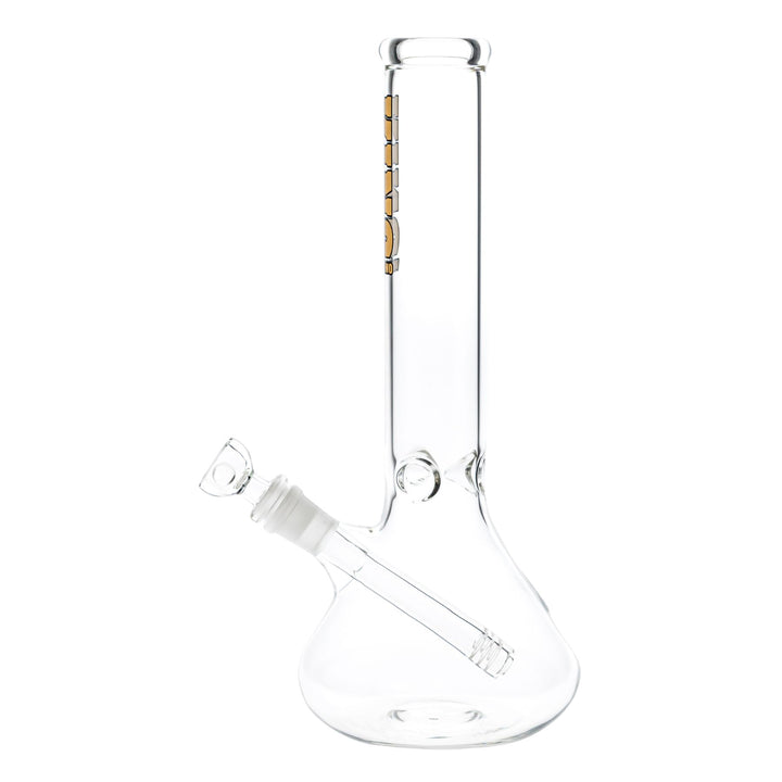 "Left side of a clear glass King Volcano 44mmx12'' Beaker on a white background," - Up N Smoke.
