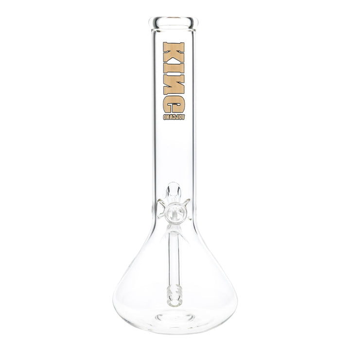 "Backside of a King Volcano 44mmx12'' Beaker that features a diffused downstem and a three-prong ice pinch on a white background," - Up N Smoke.