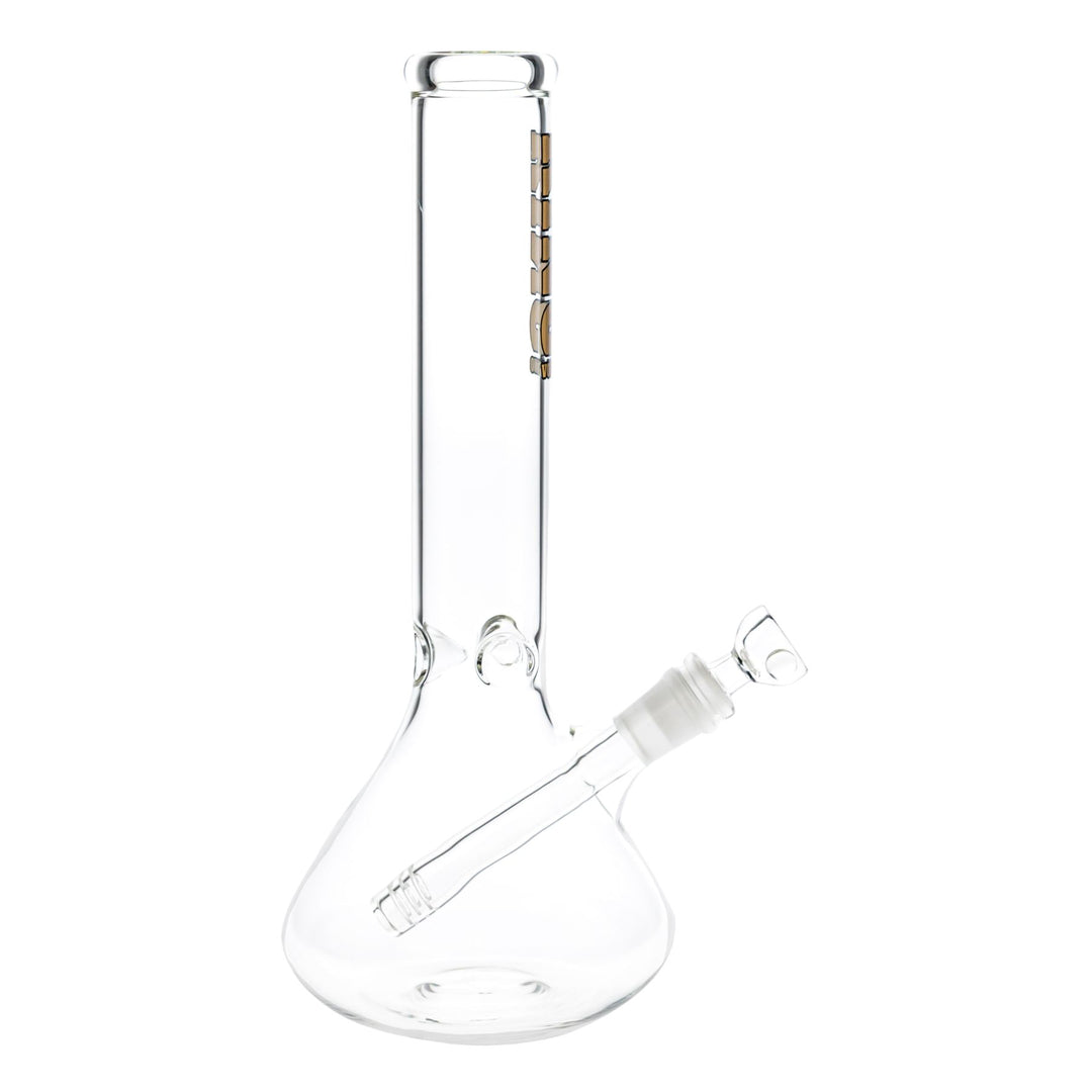 "Right side of a King Volcano 44mmx12'' Beaker with a gold logo near the mouthpiece on a white background," - Up N Smoke.