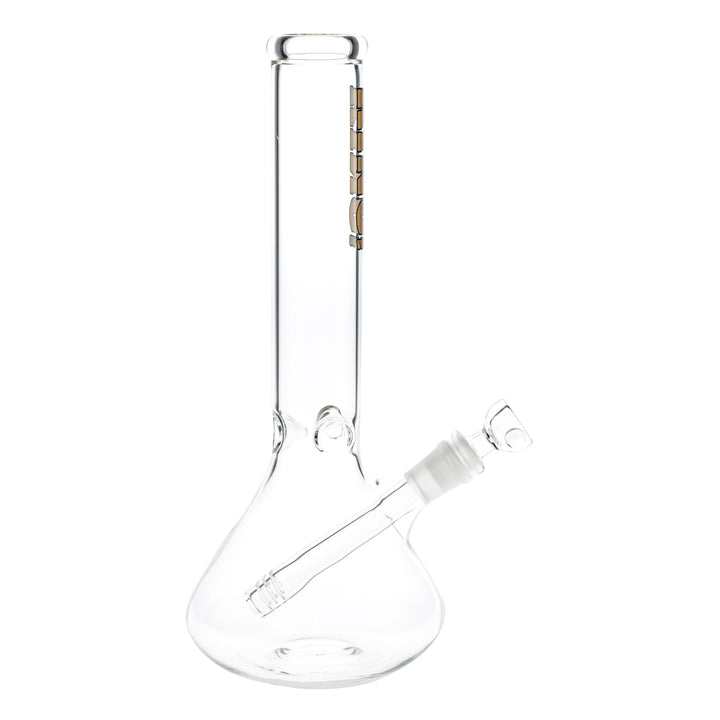 "Right side of a King Volcano 44mmx12'' Beaker with a gold logo near the mouthpiece on a white background," - Up N Smoke.