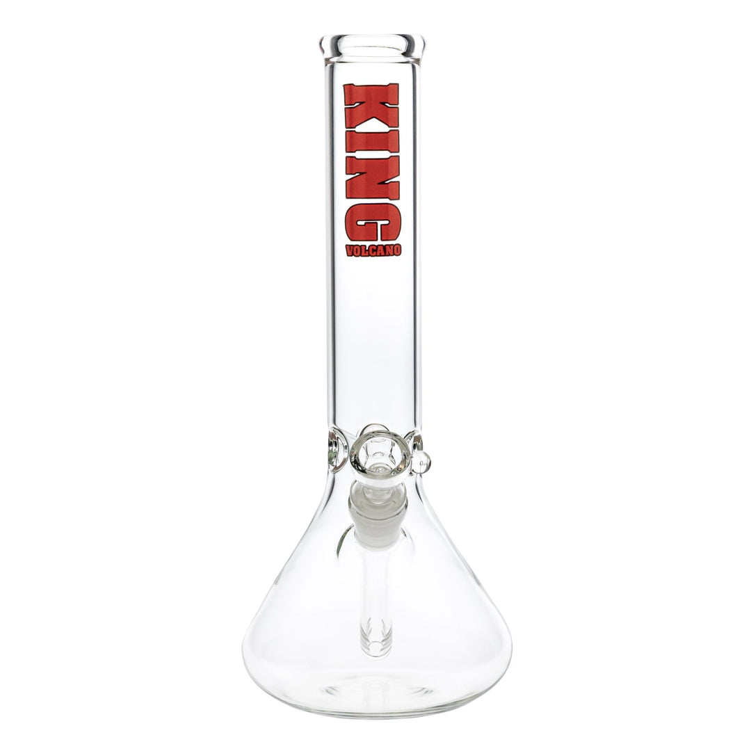 "Front of a King Volcano 44mmx12'' Beaker with a red logo near the mouthpiece on a white background," - Up N Smoke.