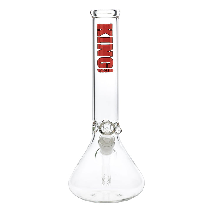 "Front of a King Volcano 44mmx12'' Beaker with a red logo near the mouthpiece on a white background," - Up N Smoke.
