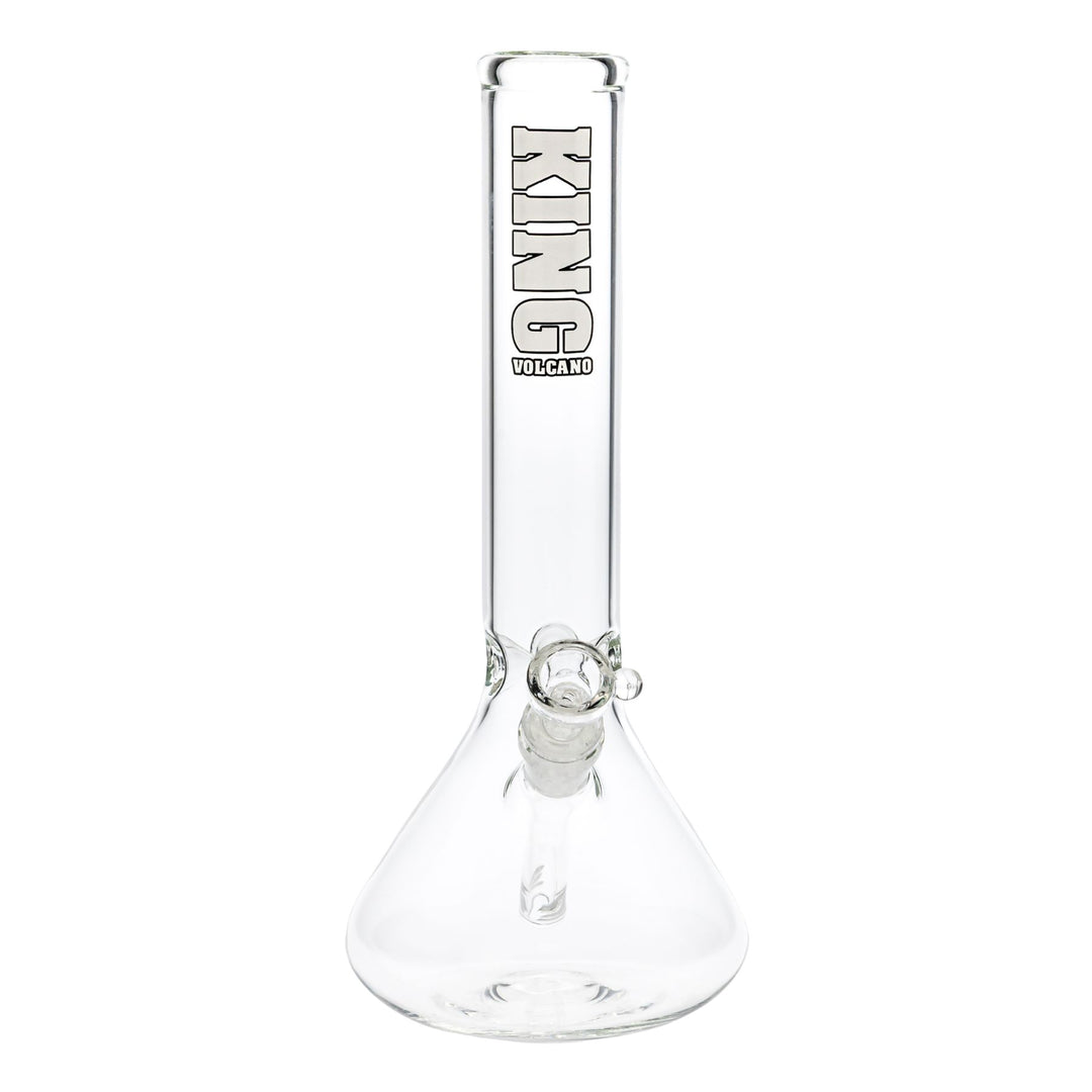 "Front of a King Volcano 44mmx12'' Beaker with a white logo near the mouthpiece," - Up N Smoke.