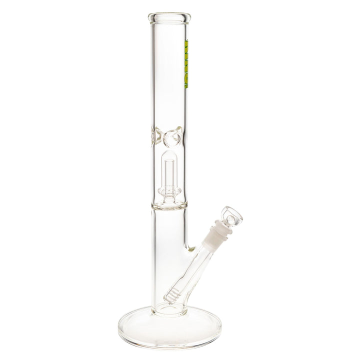 "Right side of a King Volcano 44mmx15'' Single Flare water pipe with a green logo decal near the mouthpiece," - Up N Smoke.