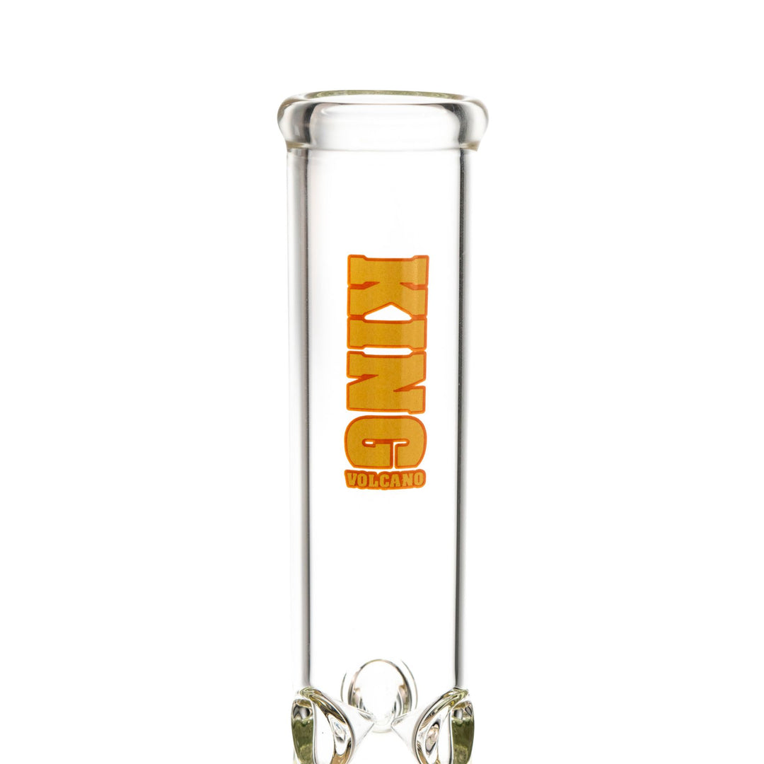 "Close-up of a yellow logo decal near the mouthpiece of a King Volcano 44mmx15'' Single Flare water pipe," - Up N Smoke.