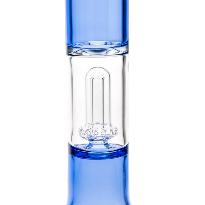 KV 50mm X 15” Showerhead Beaker Water Pipe Blue design displayed on a white background showcasing an up close angle of the percolator - Up N Smoke