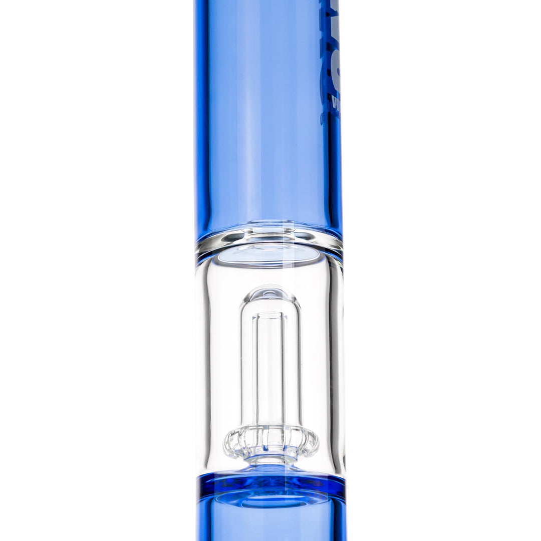 KV 50mm X 15” Showerhead Beaker Water Pipe Blue design displayed on a white background showcasing an up close angle of the perculartor from a low angle - Up N Smoke