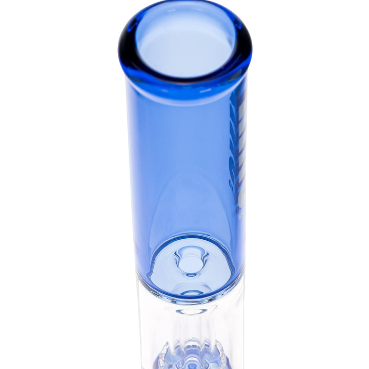 KV 50mm X 15” Showerhead Beaker Water Pipe Blue design displayed on a white background showcasing an up close angle of the ice catcher - Up N Smoke