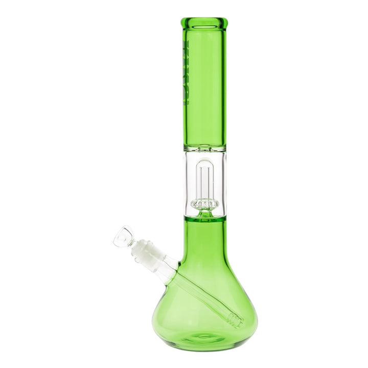 KV 50mm X 15” Showerhead Beaker Water Pipe Green design displayed on a white background left facing angle - Up N Smoke