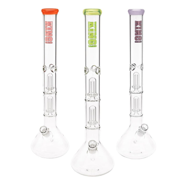 KV 50mmX20” Double Showerhead Beaker Water Pipe group photo displayed on a white background - Up N Smoke