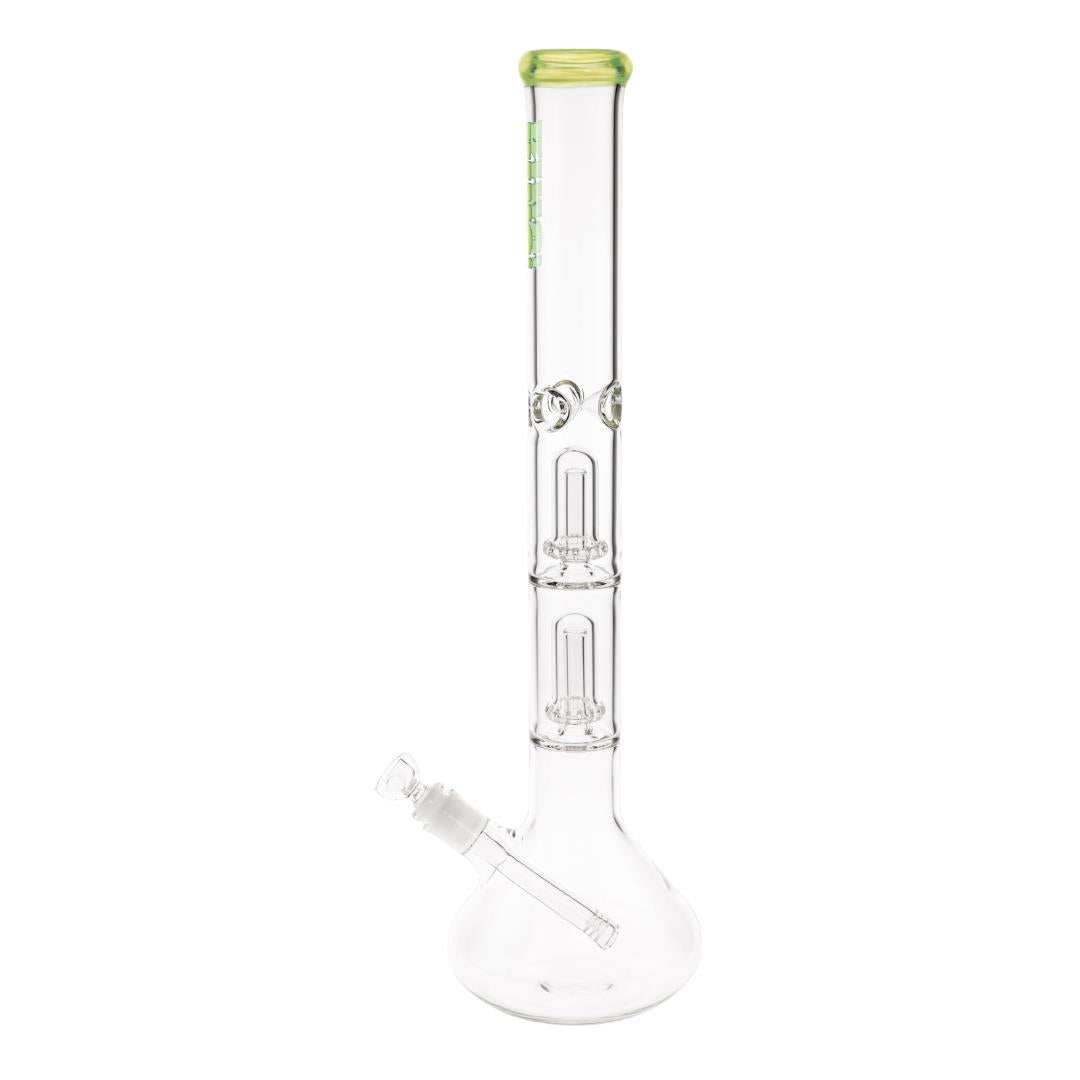 KV 50mmX20” Double Showerhead Beaker Water Pipe green color left angle displayed on a white background - Up N Smoke