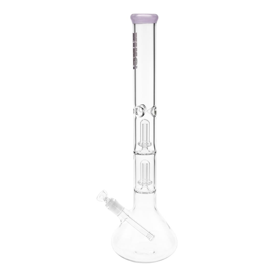 KV 50mmX20” Double Showerhead Beaker Water Pipe purple color left angle displayed on a white background - Up N Smoke