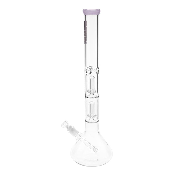 KV 50mmX20” Double Showerhead Beaker Water Pipe purple color left angle displayed on a white background - Up N Smoke