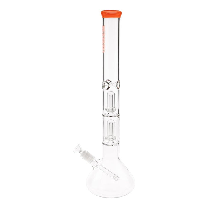 KV 50mmX20” Double Showerhead Beaker Water Pipe red color left angle displayed on a white background - Up N Smoke