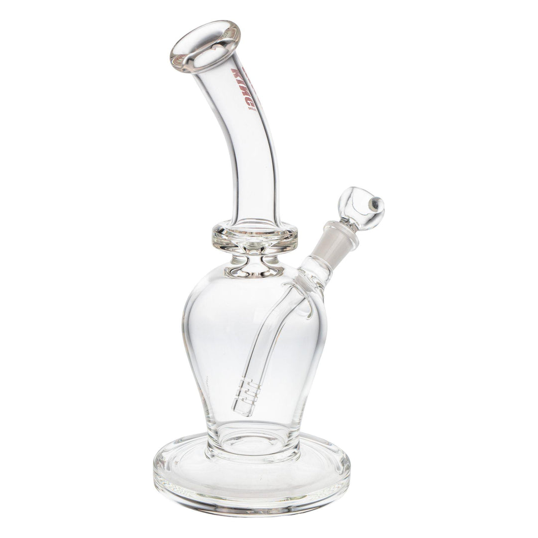 "Backside of a King Volcano 50mmx10in Fixed Flare Bubbler in the color red on a white background," - Up N Smoke.