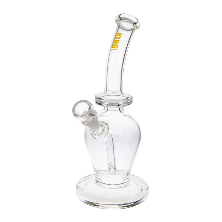 "Yellow King Volcano 50mmx10in Fixed Flare Bubbler on a white background," - Up N Smoke.