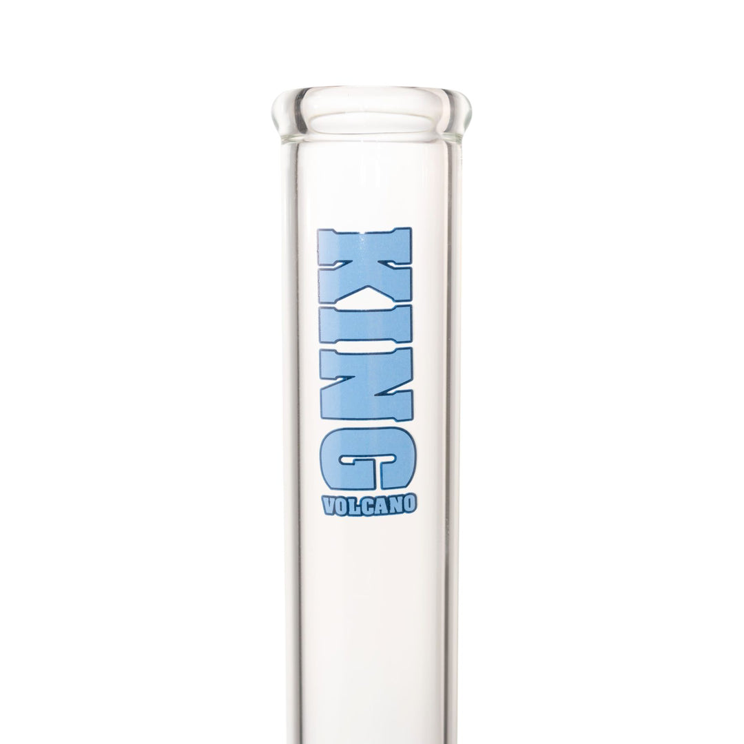 "Close-up of the blue King Volcano logo near the mouthpiece of a 50mmx15in beaker," - Up N Smoke.