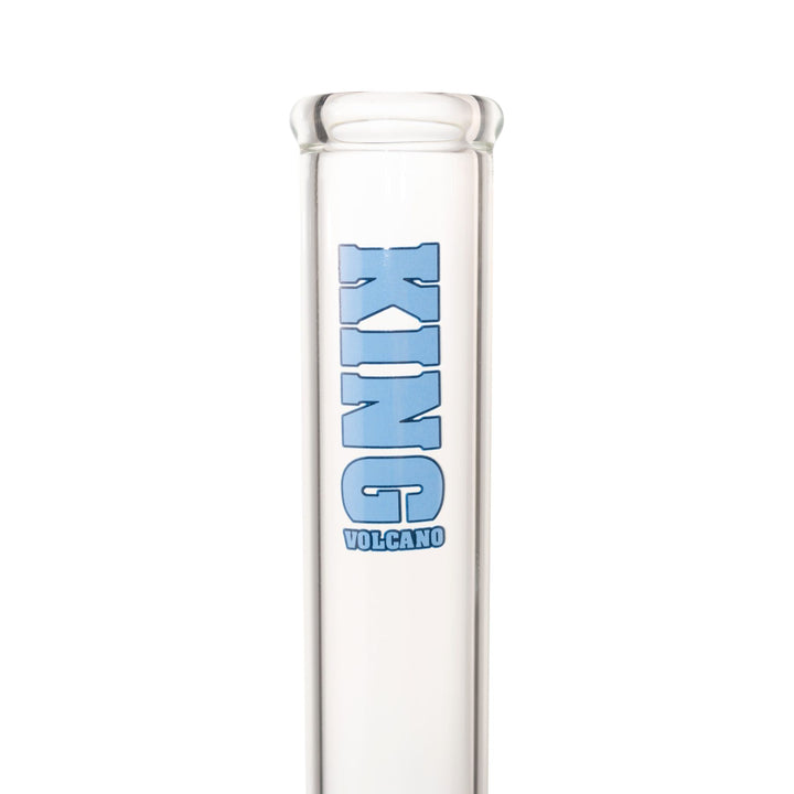 "Close-up of the blue King Volcano logo near the mouthpiece of a 50mmx15in beaker," - Up N Smoke.